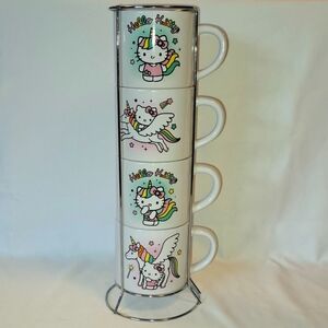 Set of 4 Hello Kitty 10 oz coffee mugs with silver organizer